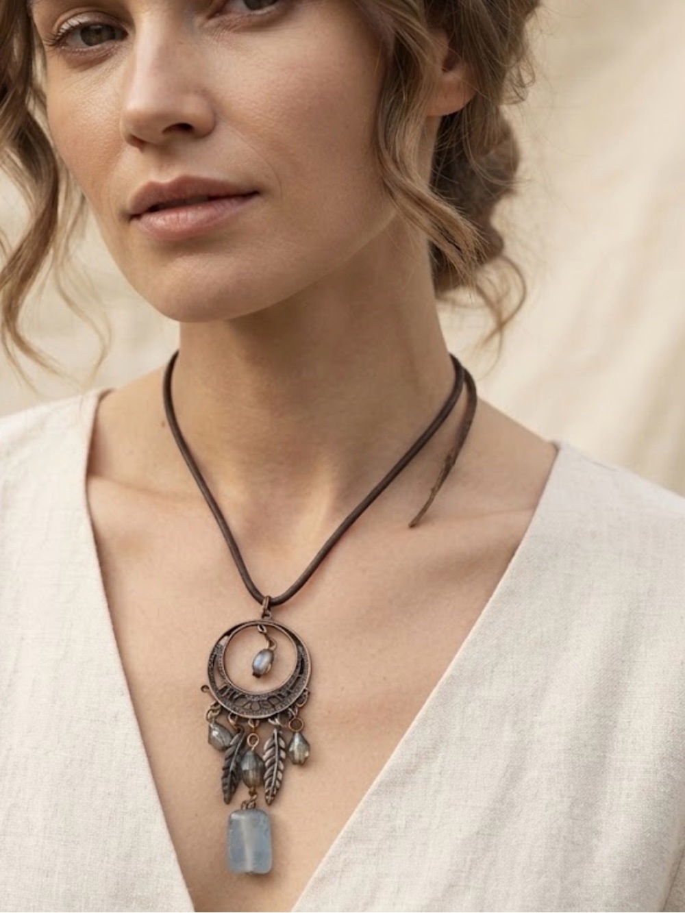 Bohemian Bronze Moonstone Pendant Necklace - Women Jewelry